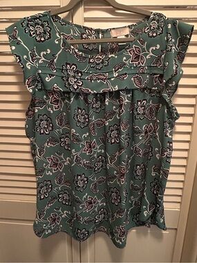 Loft Green Floral Ruffle Sleeve Blouse
